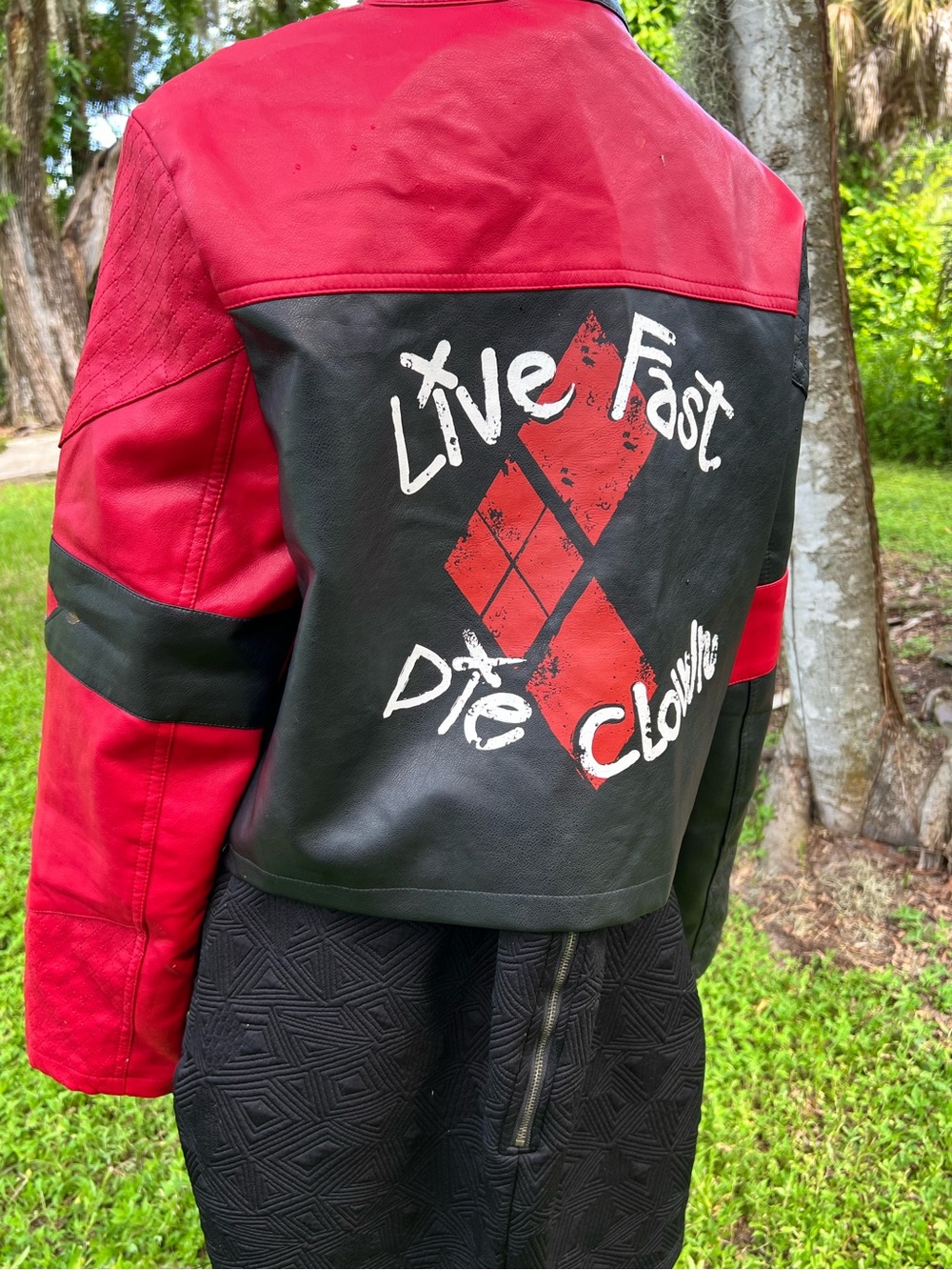 DC Comics Red & Black Harley Quinn Graphic Leatherette Moto Jacket